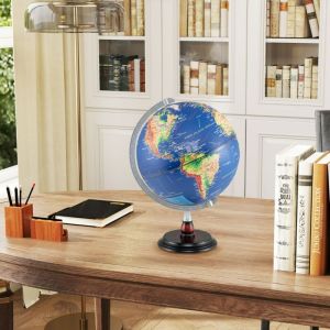 Globe Terrestre Lumineux 30 CM Lampe de Nuit Globe avec Support en Bois et Carte Claire pour Enfants et Adultes Bleu