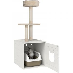 Arbre &agrave; chat avec maison de toilettes, tour de jeu 2-en-1 de 129 cm avec cache-liti&egrave;re, poteaux &agrave; griffer, cr&egrave;me