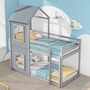 Lit d'enfant Superposé 90x200cm pour Enfant, Lit Maison avec échelle, baldaquin, Lit Cabane avec Barrière de Sécurité, Gris