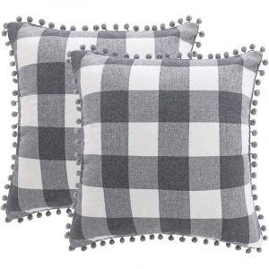 Housse de Coussin &agrave; Carreaux Lot de 2 Housse de Coussin D&eacute;corative avec Pompons Housse de Coussin D&eacute;corative 45x45cm avec Fermeture &Eacute;clair Cach&eacute;e