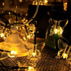 Guirlande lumineuse solaire - 5 m 20 LED - Décoration papillon - Idéale pour les fêtes de Noël - Lumière blanche chaude