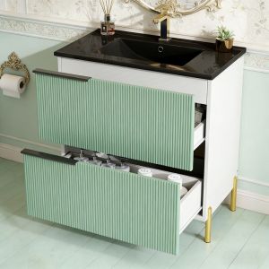 Lavabo sur pied avec Meuble de Rangement Salle de Bain & Vasque en C&eacute;ramique, Tiroirs en MDF R&eacute;sistant &agrave; l'Humidit&eacute;, Organisateur de Salle de Bain
