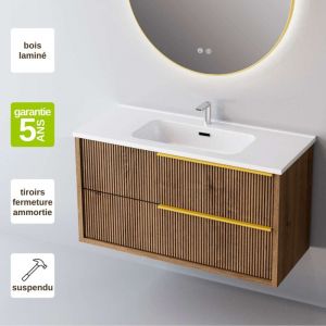 Sanizeo - Meuble de salle de bain plan vasque Céramique, 2 Tiroirs Chêne Foncé, Poignée Or, l60xh54xp45, Effet 3D, trend