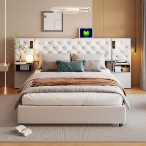 Lit coffre 160x200 cm avec sommier, lit hydraulique avec lampe de chevet et ports usb, lit double avec sommier à lattes en bois, tête de lit