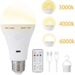 Lot de 1 Ampoule LED Rechargeable E27 2200mAh avec T&eacute;l&eacute;commande, 3 Temp&eacute;ratures de Couleur Variateur, Minuterie, Crochet de Suspension, &Eacute;clairage