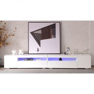 Meuble TV 240cm - avec &eacute;clairage LED variable, 4 portes, 2 &eacute;tag&egrave;res - 240 x 35 x 39cm - Blanc