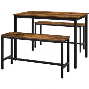 Table &agrave; Manger avec 2 Bancs, Ensemble de 3 Meubles, 70 x 110 x 75 cm, 2 Bancs de 30 x 97 x 50 cm, Cadre en Acier, Marron Ruatique et Noir d'encre