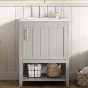 Meuble de salle de bain simple vasque, meuble sous-vasque 60 cm avec vasque en c&eacute;ramique, avec &eacute;tag&egrave;re, meuble de salle de bain, Gris