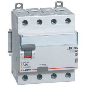 Interrupteur diff&eacute;rentiel DX&sup3;-ID arriv&eacute;e haute et d&eacute;part bas &agrave; vis 4 P&ocirc;les 400V 63A type F 100mA 4 modules LEGRAND 411699