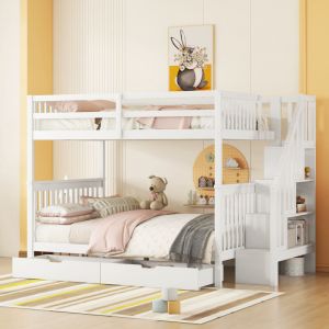 Lit superposé 140x200cm, lit enfant avec 2 tiroirs, étagère escalier et garde-corps hauts, en bois de pin, blanc