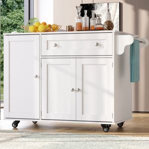 Desserte de cuisine, desserte amovible avec plateau rabattable, 1 tiroir et 3 portes, porte-snack, séparateurs réglables, 105 x 40-60 x 83 cm, Blanc