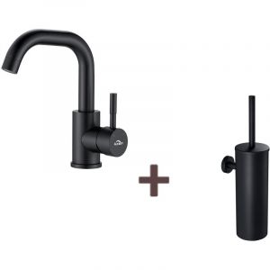 Auralum - Robinet Lavabo Noir avec Barboteur Démotable, Rotation à 360°+Brosse Toilettes wc Suspendu avec Support de Brosse, Acier INOX,Noir