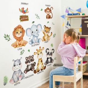 Stickers Muraux Animaux de la Jungle Autocollants Muraux Mural Stickers Éléphant Safari Girafe Panda pour Chambre Enfants Bébé Pépinière