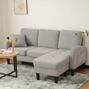 Wishdor - Canapé d'angle, canapé 3 places, tissu en coton et lin, pieds en plastique, pour salon, appartement et bureau, gris