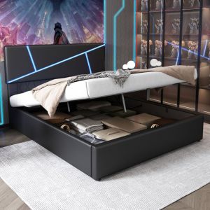 140 x 200 cm lit coffre avec led, lit 2 personnes avec sommier et tête de lit capitonné, lit hydraulique avec rangement, lit 140x200 à lattes en