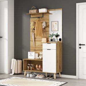 Armoire multifonctionnelle en bois de 190 cm de haut avec miroir, banc à chaussures, armoire à chaussures, tiroir, étagère et patère - design moderne
