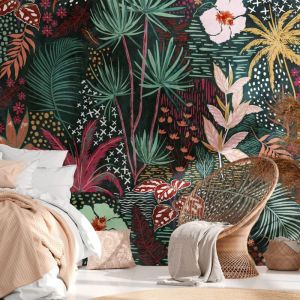 Papier peint photo Profhome 382741 papier peint intiss&eacute; gaufr&eacute; &agrave; chaud lisse au design de jungle mat vert rouge jaune blanc 3,71 m x 2,8 m