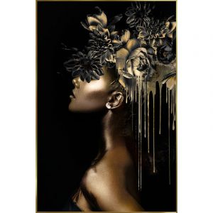 Pegane - Tableau imprimé jeune fille dorée, photo en verre trempé avec cadre en bois doré - Longueur 80 x Profondeur 2 x Hauteur 120 cm