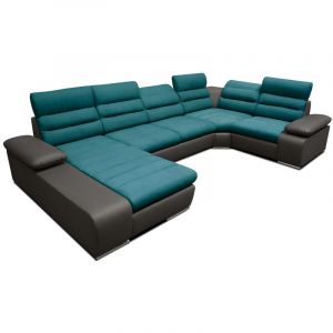 Vente-unique - Canap&eacute; d'angle panoramique convertible en tissu et simili boileau - Bicolore turquoise/anthracite - Angle gauche
