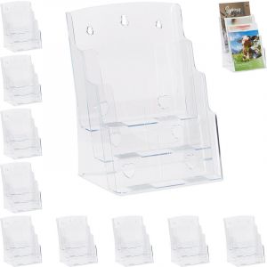 Pr&eacute;sentoir, lot de 10 flyer prospectus brochures 3 &eacute;tages organiseur bureau format A4, 33x24,5x20cm, transparent