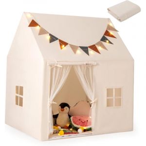Tente de Jeux pour 3 Enfants, Maison de Jeu Tente avec Tapis Rembourr&eacute; Lavable, Guirlande Lumineuse et Drapeaux, Cabane Enfant Int&eacute;rieure vec Rideaux