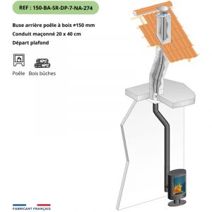 Kit tubage et raccordement poele a bois, buse diam. 150mm sortie arriere-Flexible l. 7m pour boisseau rectangulaire, depart plafond-Raccordement