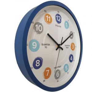 Horloge d'apprentissage, horloge murale analogique, horloge de cuisine pour enfants, chiffres anglais, bleue, chiffres color&eacute;s, diam&egrave;tre 30,5 cm