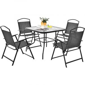 Salon de Jardin 4 Personnes, Ensemble de Bistro 5 Pièces avec Table Verre Jardin+4 Chaises Pliant, Trou Parasol, Chaises Portable Pliable pour