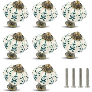 Dpzo - Lot de 12 boutons en céramique ivoire et verte - boutons d'armoire citrouille boutons de commode rétro - tirettes de tiroir vintage avec vis