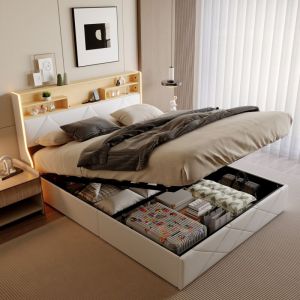 Lit coffre 160x200, lit double, lit adulte, lit capitonn&eacute;, LED r&eacute;glable, USB+Type-c, PU, blanc