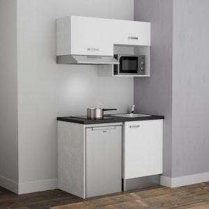 Kitchenette K02L-PT - 120 cm avec plan de travail et &eacute;vier - emplacements frigo, hotte et micro-ondes - Fa&ccedil;ade Blanc - Plan Noir textur&eacute; - Evier Inox