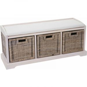 HHG - Banc / banquette Bienne, boîte de rangement, 3 paniers, treillis en rotin kubu, 112x46x37cm, blanc