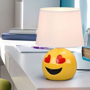 Lampe de table en céramique pour chambre lampe de chevet lampe de salon lampe de table moderne, emoji aux yeux de coeur jaune, textile blanc, douille