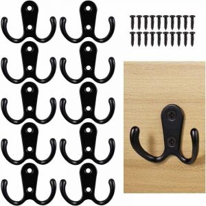 Gabrielle - Lot de 10 Crochet de Manteau,Crochet de Portemanteau Mural Noir,Double Crochet de Manteau avec Vis de Montage,Patère Mural Noire,Crochet