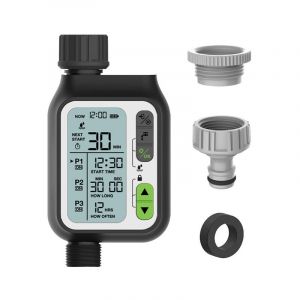 Programmateur Arrosage Automatique Minuteur Arrosage pour Jardin Contrôle Manuel Capteur de Pluie Etanche et 3 Programmes d'irrigation Séparés Gris