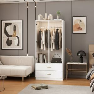 Armoire Penderie Moderne Blanche 2 Portes Vitr&eacute;es avec Lumi&egrave;re LED Rangement Chambre 80x50x175 cm