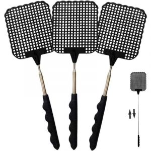 Tapette &agrave; Mouche 3 pi&egrave;ces, Tapette &agrave; Mouche Stable, Tapette &agrave; Mouche Extensible, Acier Inoxydable Tapette &agrave; Mouche Manuelle T&eacute;lescopique, Noir