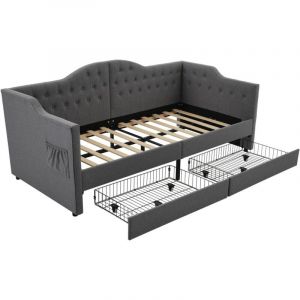 Gutent - Lit capitonné, canapé-lit, lit de rangement avec chargeur usb Type c et 2 tiroirs, lin gris (matelas non inclus) - 90x190 cm