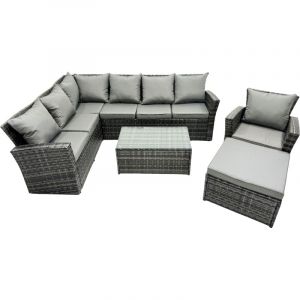 Fimous 8 places Dos haut Ensemble de meubles de jardin en rotin Canap&eacute; d'angle avec Table basse rectangulaire Grands Tabouret