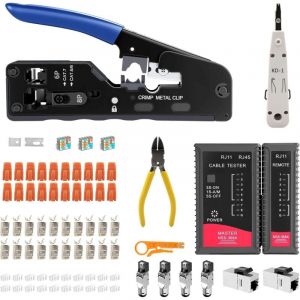 Kit d'outils r&eacute;seau, pince &agrave; sertir Pass Through RJ45 pour Cat7, Cat6, Cat5 avec 4 fiches r&eacute;seau Cat7 sans outil, testeur r&eacute;seau, 10 connecteurs