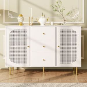 Buffets et buffets Modfu 120x40x90cm commode avec 3 tiroirs 2 portes, poignées et pieds dorés, cuisine/salon, résine tressée et mdf, blanc