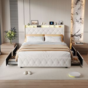 JOOKGBD-Lit Coffre 160x200 cm avec LED et Port USB,Lit Double Rembourr&eacute; cm avec Sommier et Rangement et T&ecirc;te de lit,lit adolescent avec tiroirs de