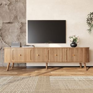 Meuble TV moderne 180 cm, Buffet bas de salon, Support TV avec 4 portes et poign&eacute;es dor&eacute;es, Design scandinave aux bords arrondis, 180 x 38 x 47 cm,