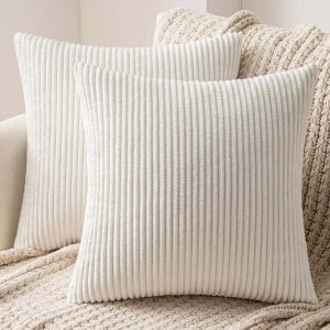 Lot de 2 housses de coussin d&eacute;coratives en velours c&ocirc;tel&eacute;, taie d'oreiller douce pour canap&eacute;, salon, chambre, lit clic-clac, 40 x 40 cm, blanc