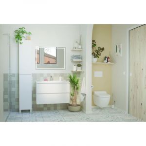 ONDEE ZEN - Meuble salle de bain &agrave; suspendre LILA - 80cm - 2 Tiroirs - Blanc - Miroir LED LAURA