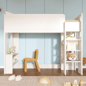 Lit enfant 90 x 200 cm, lit mezzanine, lit simple en bois avec rangements, armoire, étagères ouvertes, blanc