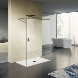Grand Verre - Paroi de douche fixe avec deux barres de fixation 140cm en aluminium noir mat 110x200