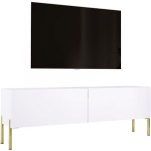 Meuble TV : Blanc Mat, pieds dor&eacute;es, 140 &times; 52 &times; 32 cm