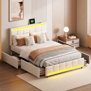 Lit 140x200cm, lit double avec 4 tiroirs et sommier à lattes, tête de lit avec éclairage usb et led, scandinave, velours - Beige