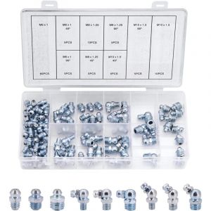 Kit D'assortiment de Graisseurs, 110 Pièces Graisseurs Coniques Assortiment de Graisseurs, Graisseurs M6 M8 M10 Version Droite, Coudée à 45° et à 90